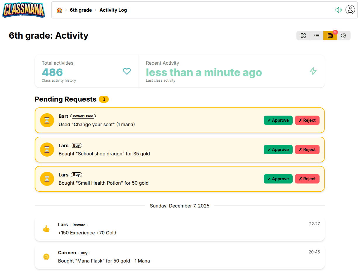 Bekleyen isteklerle aktivite sayfası
